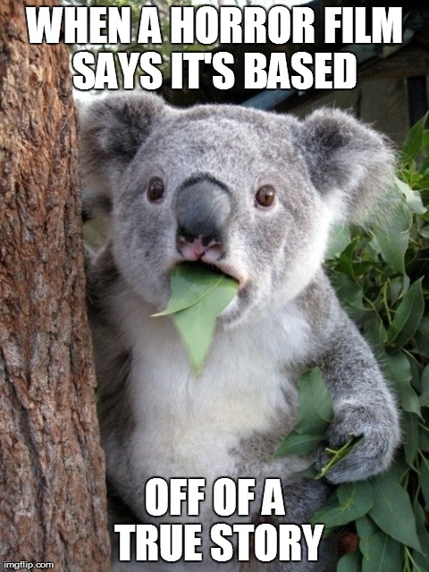 Surprised Koala | WHEN A HORROR FILM SAYS IT'S BASED  OFF OF A TRUE STORY | image tagged in memes,surprised coala | made w/ Imgflip meme maker