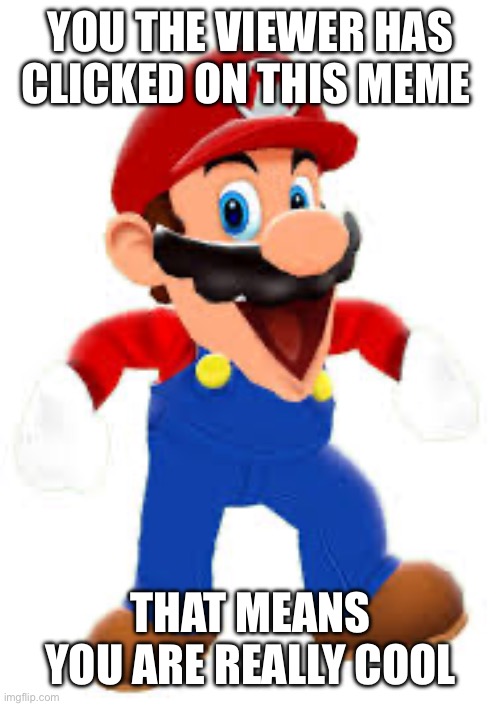 Happy mario | YOU THE VIEWER HAS CLICKED ON THIS MEME; THAT MEANS YOU ARE REALLY COOL | image tagged in happy mario | made w/ Imgflip meme maker