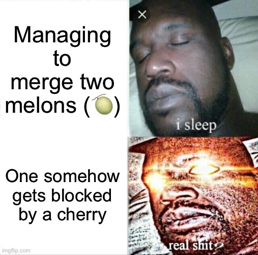 Have y’all ever occurred this? | Managing to merge two melons (🍈); One somehow gets blocked by a cherry | image tagged in memes,sleeping shaq | made w/ Imgflip meme maker