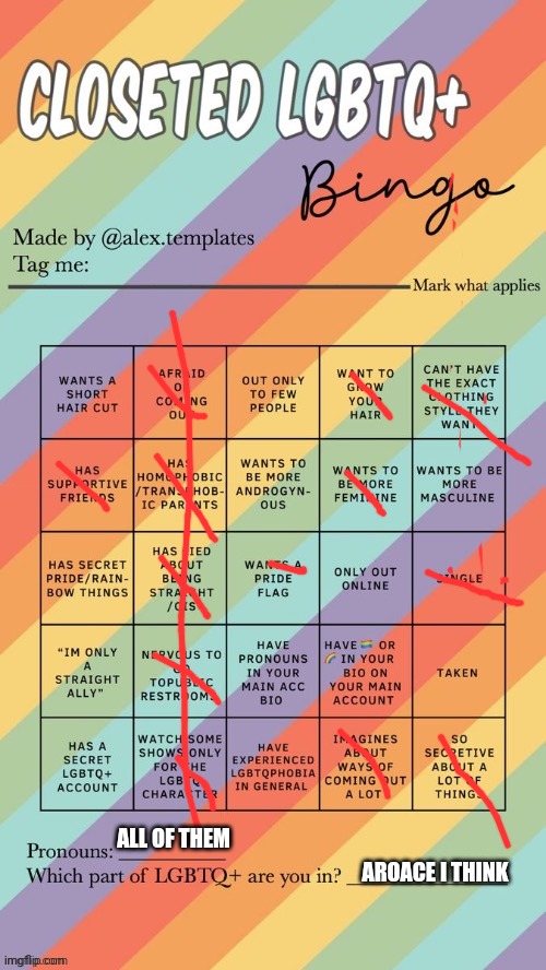 Closeted LGBTQ+ Bingo | ALL OF THEM; AROACE I THINK | image tagged in closeted lgbtq bingo | made w/ Imgflip meme maker