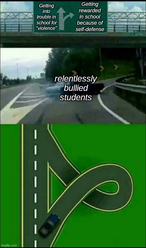 oh boy... | Getting rewarded in school because of self-defense; Getting into trouble in school for "violence"; relentlessly bullied students | image tagged in left exit 12 off ramp,school,relatable | made w/ Imgflip meme maker