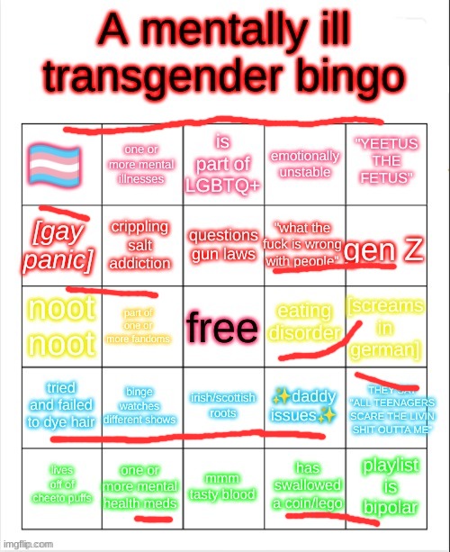 a mentally ill transgender bingo | image tagged in a mentally ill transgender bingo | made w/ Imgflip meme maker