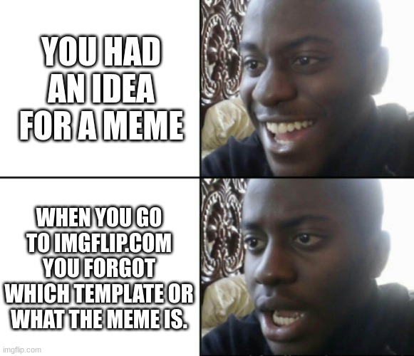 I'm terrified | YOU HAD AN IDEA FOR A MEME; WHEN YOU GO TO IMGFLIP.COM YOU FORGOT WHICH TEMPLATE OR WHAT THE MEME IS. | image tagged in happy / shock,oh no | made w/ Imgflip meme maker