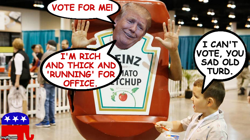 I'M RICH
AND THICK AND
'RUNNING' FOR
OFFICE. VOTE FOR ME! I CAN'T
VOTE, YOU
SAD OLD
TURD. | made w/ Imgflip meme maker