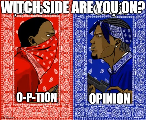 which side are you on | WITCH SIDE ARE YOU ON? OPINION; O-P-TION | image tagged in which side are you on | made w/ Imgflip meme maker