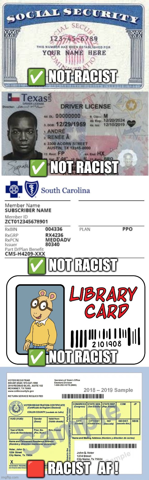 ✅ NOT RACIST ✅ NOT RACIST ✅ NOT RACIST ✅ NOT RACIST ? RACIST   AF ! | image tagged in library card - arthurt | made w/ Imgflip meme maker