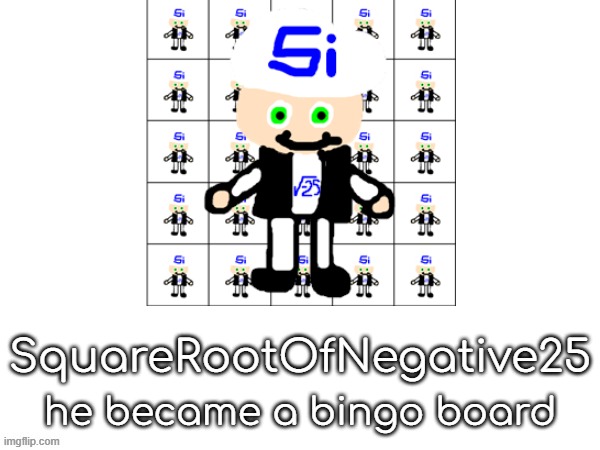 He doesn't exist, Roblox is better and I love minecraft mods and also sron6 better (bro what were you saying) | SquareRootOfNegative25; he became a bingo board | image tagged in squarerootofaltstemplate,minecraft,roblox,marcbeebo | made w/ Imgflip meme maker