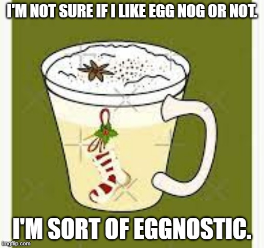 meme by Brad Egnostic egg nog | I'M NOT SURE IF I LIKE EGG NOG OR NOT. I'M SORT OF EGGNOSTIC. | image tagged in christmas meme | made w/ Imgflip meme maker