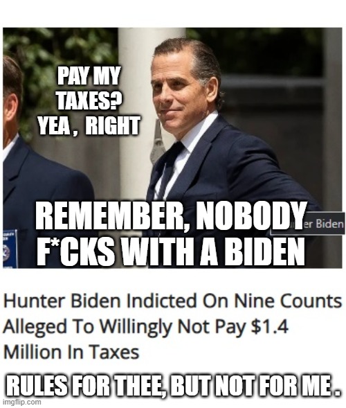 Libs and their Sense of Power | PAY MY TAXES?
YEA ,  RIGHT; REMEMBER, NOBODY F*CKS WITH A BIDEN; RULES FOR THEE, BUT NOT FOR ME . | image tagged in democrats,liberals,leftists,taxes | made w/ Imgflip meme maker