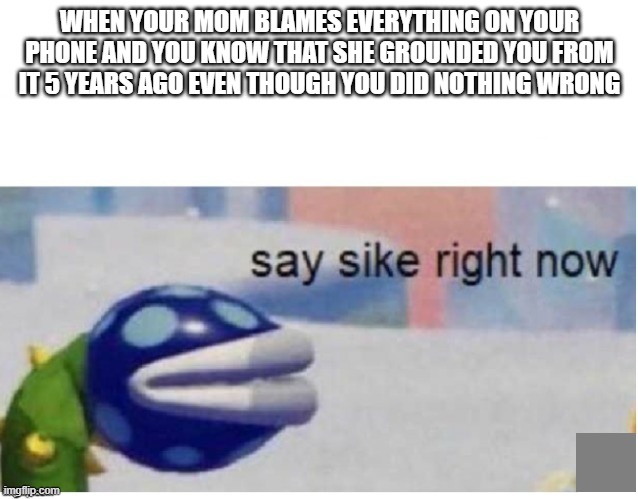 Title | WHEN YOUR MOM BLAMES EVERYTHING ON YOUR PHONE AND YOU KNOW THAT SHE GROUNDED YOU FROM IT 5 YEARS AGO EVEN THOUGH YOU DID NOTHING WRONG | image tagged in say sike right now | made w/ Imgflip meme maker
