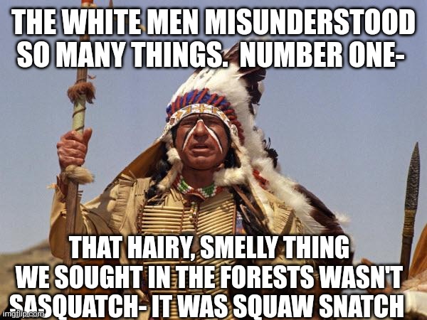 Indian Chief | THE WHITE MEN MISUNDERSTOOD SO MANY THINGS.  NUMBER ONE-; THAT HAIRY, SMELLY THING WE SOUGHT IN THE FORESTS WASN'T SASQUATCH- IT WAS SQUAW SNATCH | image tagged in indian chief | made w/ Imgflip meme maker