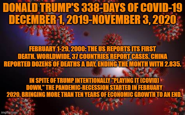 Dr.s Brix, Fauci and Redfield encouraged action to control the spread early while, Trump fiddled. | DONALD TRUMP'S 338-DAYS OF COVID-19
DECEMBER 1, 2019-NOVEMBER 3, 2020; FEBRUARY 1-29, 2000: THE US REPORTS ITS FIRST DEATH. WORLDWIDE, 37 COUNTRIES REPORT CASES. CHINA REPORTED DOZENS OF DEATHS A DAY, ENDING THE MONTH WITH 2.835. IN SPITE OF TRUMP INTENTIONALLY "PLAYING IT (COVID) DOWN," THE PANDEMIC-RECESSION STARTED IN FEBRUARY 2020, BRINGING MORE THAN TEN YEARS OF ECONOMIC GROWTH TO AN END. | image tagged in politics | made w/ Imgflip meme maker