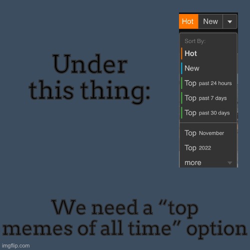 It’s a good idea and would be good to see what the most upvoted memes of all time are | Under this thing:; We need a “top memes of all time” option | made w/ Imgflip meme maker