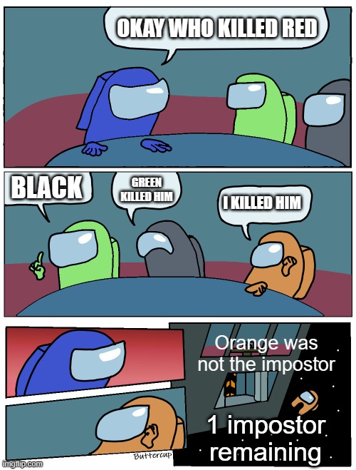 AMOGUS | OKAY WHO KILLED RED; BLACK; GREEN KILLED HIM; I KILLED HIM; Orange was not the impostor; 1 impostor remaining | image tagged in among us meeting | made w/ Imgflip meme maker