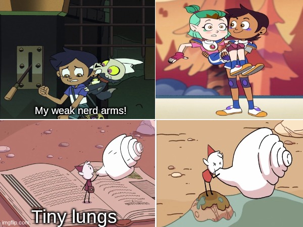 Best character change | My weak nerd arms! Tiny lungs | image tagged in cartoon,memes,funny,the owl house,hilda,TheOwlHouse | made w/ Imgflip meme maker