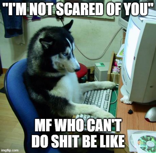 keyboard warrior | "I'M NOT SCARED OF YOU"; MF WHO CAN'T DO SHIT BE LIKE | image tagged in memes,i have no idea what i am doing | made w/ Imgflip meme maker