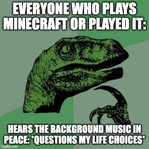 Philosoraptor | EVERYONE WHO PLAYS MINECRAFT OR PLAYED IT:; HEARS THE BACKGROUND MUSIC IN PEACE: *QUESTIONS MY LIFE CHOICES* | image tagged in memes,philosoraptor | made w/ Imgflip meme maker