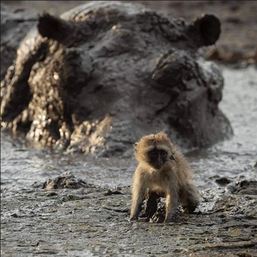 hippo staring at baby monkey Blank Meme Template