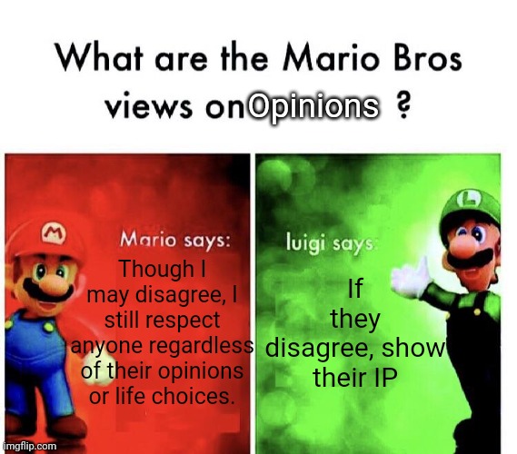 What are the mario bros views on:      ? | Opinions; If they disagree, show their IP; Though I may disagree, I still respect anyone regardless of their opinions or life choices. | image tagged in what are the mario bros views on,unpopular opinion | made w/ Imgflip meme maker