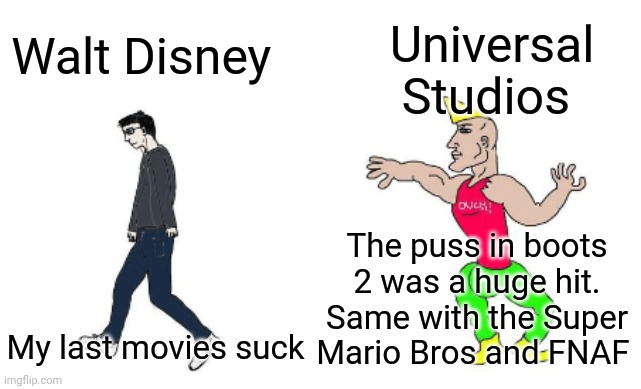 2023 for both studios in a nutshell | Universal Studios; Walt Disney; The puss in boots 2 was a huge hit. Same with the Super Mario Bros and FNAF; My last movies suck | image tagged in virgin vs chad,walt disney,universal,wish,super mario bros,five nights at freddy's | made w/ Imgflip meme maker
