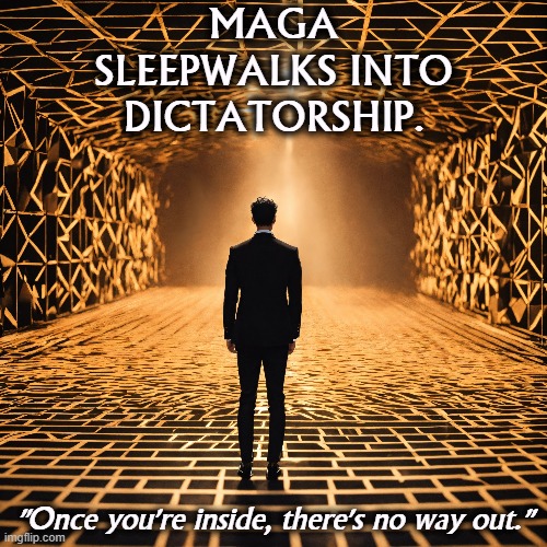 Trump has promised in detail every step he wants you to take. | MAGA SLEEPWALKS INTO DICTATORSHIP. "Once you're inside, there's no way out." | image tagged in trump,maga,sleep,dictator,tyranny | made w/ Imgflip meme maker