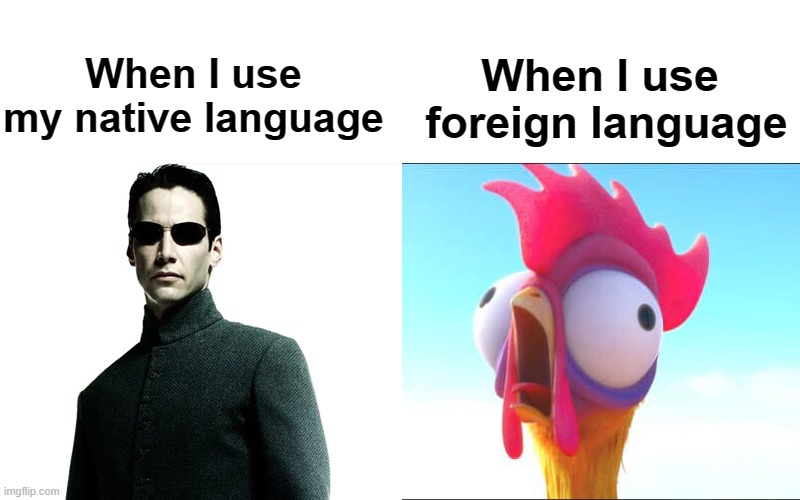 my native language vs learning foreign language | When I use 
foreign language; When I use
my native language | image tagged in you are neo and heihei,neo,moana,dumb,genius,language | made w/ Imgflip meme maker