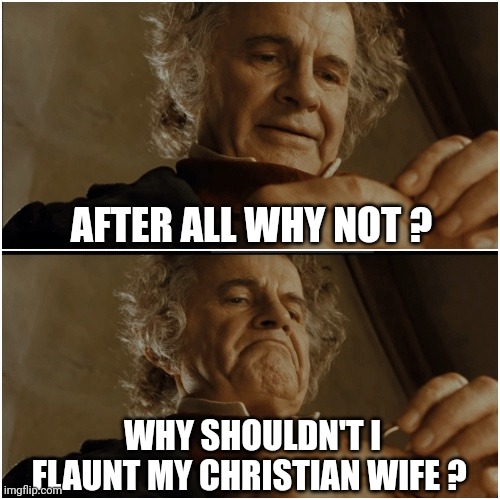 Bilbo - Why shouldn’t I keep it? | AFTER ALL WHY NOT ? WHY SHOULDN'T I FLAUNT MY CHRISTIAN WIFE ? | image tagged in bilbo - why shouldn t i keep it | made w/ Imgflip meme maker