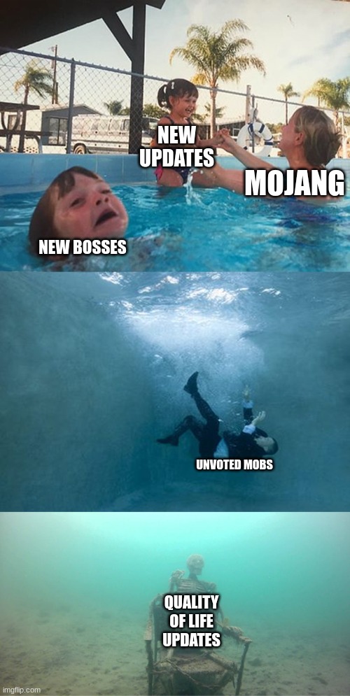Mother Ignoring Kid Drowning In A Pool Extended Template | NEW UPDATES; MOJANG; NEW BOSSES; UNVOTED MOBS; QUALITY OF LIFE UPDATES | image tagged in mother ignoring kid drowning in a pool extended template | made w/ Imgflip meme maker