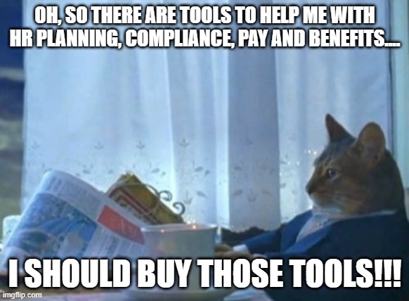 I Should Buy A Boat Cat Meme | OH, SO THERE ARE TOOLS TO HELP ME WITH HR PLANNING, COMPLIANCE, PAY AND BENEFITS.... I SHOULD BUY THOSE TOOLS!!! | image tagged in memes,i should buy a boat cat | made w/ Imgflip meme maker