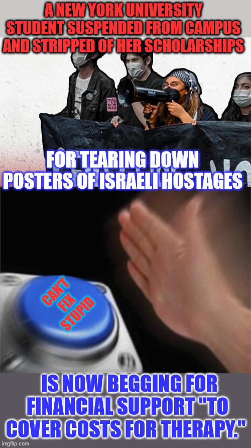 You're throwing away your money... You can't fix stupid like this... | A NEW YORK UNIVERSITY STUDENT SUSPENDED FROM CAMPUS AND STRIPPED OF HER SCHOLARSHIPS; FOR TEARING DOWN POSTERS OF ISRAELI HOSTAGES; CAN'T FIX STUPID; IS NOW BEGGING FOR FINANCIAL SUPPORT "TO COVER COSTS FOR THERAPY." | image tagged in memes,super_triggered,liberal,begging,therapy,money | made w/ Imgflip meme maker