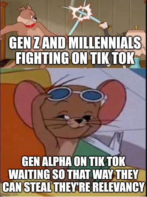 POV the generational wars on tik Tok | GEN Z AND MILLENNIALS FIGHTING ON TIK TOK; GEN ALPHA ON TIK TOK WAITING SO THAT WAY THEY CAN STEAL THEY'RE RELEVANCY | image tagged in tom and spike fighting | made w/ Imgflip meme maker