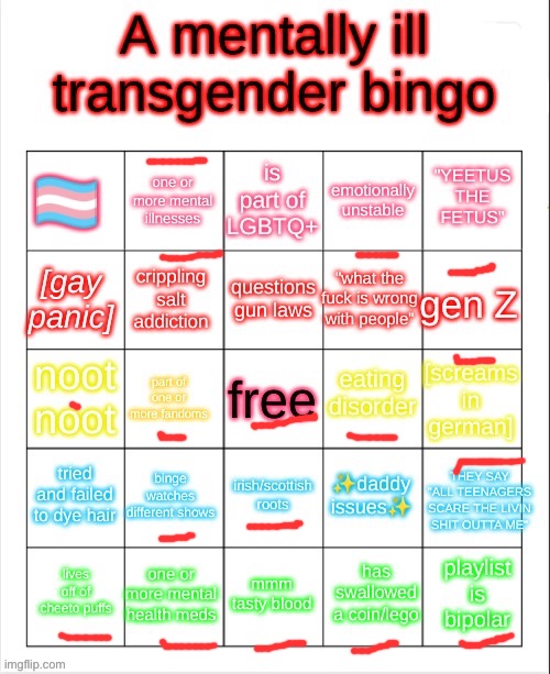 I’m not lgbtq+ I just thought this bingo looked fun | image tagged in a mentally ill transgender bingo | made w/ Imgflip meme maker