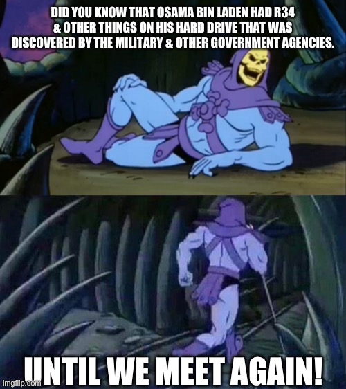 I wished I did not learn it… | DID YOU KNOW THAT OSAMA BIN LADEN HAD R34 & OTHER THINGS ON HIS HARD DRIVE THAT WAS DISCOVERED BY THE MILITARY & OTHER GOVERNMENT AGENCIES. UNTIL WE MEET AGAIN! | image tagged in skeletor disturbing facts,oh god,why does this exist | made w/ Imgflip meme maker