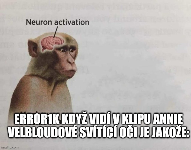 Monkey neuron activation | ERROR1K KDYŽ VIDÍ V KLIPU ANNIE VELBLOUDOVÉ SVÍTÍCÍ OČI JE JAKOŽE: | image tagged in monkey neuron activation | made w/ Imgflip meme maker