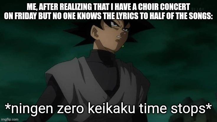 ningen zero keikaku time stops | ME, AFTER REALIZING THAT I HAVE A CHOIR CONCERT ON FRIDAY BUT NO ONE KNOWS THE LYRICS TO HALF OF THE SONGS: | image tagged in ningen zero keikaku time stops | made w/ Imgflip meme maker