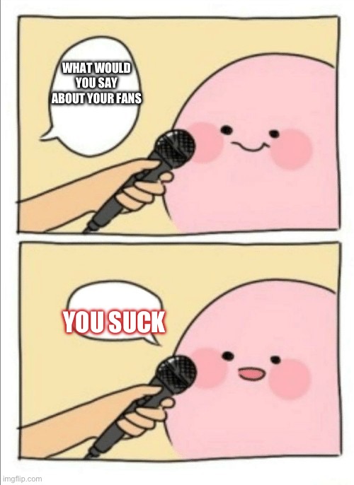 Kirby Interview | WHAT WOULD YOU SAY ABOUT YOUR FANS; YOU SUCK | image tagged in kirby interview | made w/ Imgflip meme maker