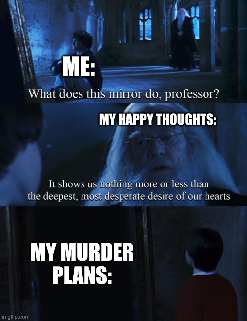 Bish Im evil >:3 | ME:; MY HAPPY THOUGHTS:; MY MURDER PLANS: | image tagged in harry potter mirror | made w/ Imgflip meme maker