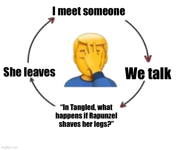 I Meet Someone, We Talk, They Leave | I meet someone; We talk; She leaves; “In Tangled, what happens if Rapunzel shaves her legs?” | image tagged in i meet someone we talk they leave | made w/ Imgflip meme maker