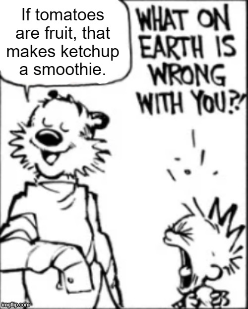 What on earth is wrong with you | If tomatoes are fruit, that
makes ketchup
a smoothie. | image tagged in what on earth is wrong with you | made w/ Imgflip meme maker