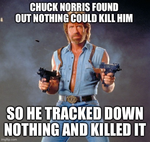 Chuck Norris Guns Meme | CHUCK NORRIS FOUND OUT NOTHING COULD KILL HIM; SO HE TRACKED DOWN NOTHING AND KILLED IT | image tagged in memes,chuck norris guns,chuck norris | made w/ Imgflip meme maker
