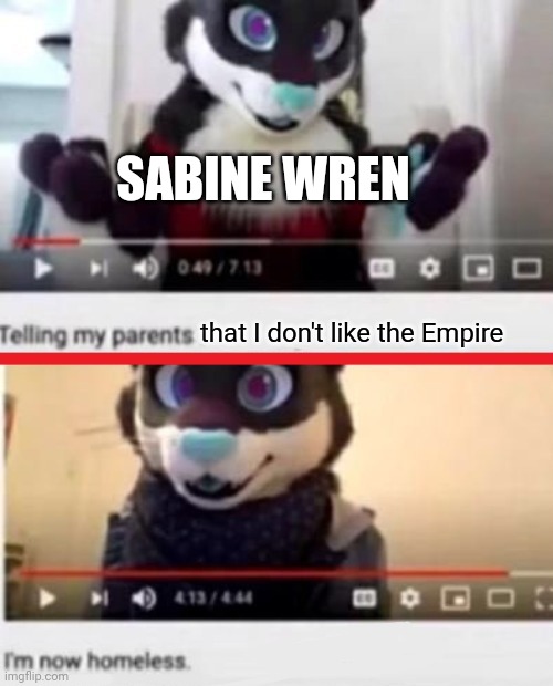 Sabine | SABINE WREN; that I don't like the Empire | image tagged in i'm now homeless,star wars rebels,sabine wren,mandalorian | made w/ Imgflip meme maker
