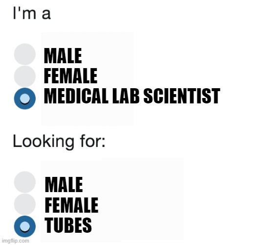 I am a blank looking for a blank | MALE 
FEMALE
MEDICAL LAB SCIENTIST; MALE
FEMALE
TUBES | image tagged in i am a blank looking for a blank | made w/ Imgflip meme maker