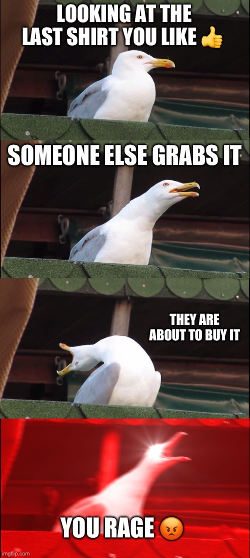 Inhaling Seagull | LOOKING AT THE LAST SHIRT YOU LIKE 👍; SOMEONE ELSE GRABS IT; THEY ARE ABOUT TO BUY IT; YOU RAGE 😡 | image tagged in memes,inhaling seagull | made w/ Imgflip meme maker
