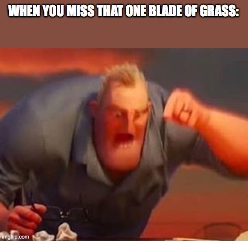 *Insert angry message* | WHEN YOU MISS THAT ONE BLADE OF GRASS: | image tagged in mr incredible mad | made w/ Imgflip meme maker