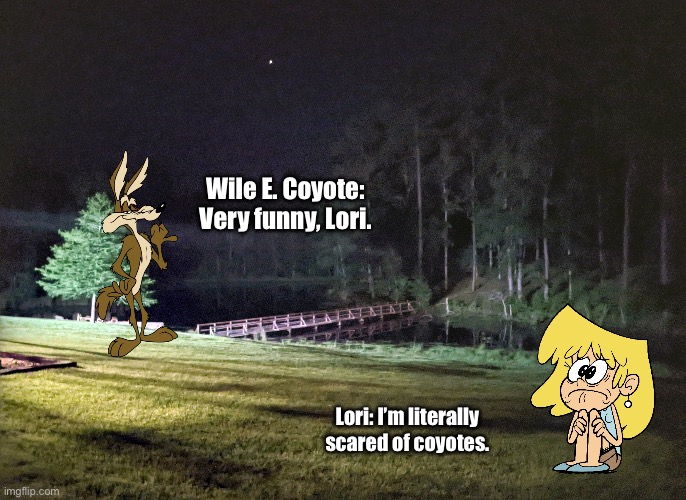 Lori is literally scared of Wile E. Coyote | Wile E. Coyote: Very funny, Lori. Lori: I’m literally scared of coyotes. | image tagged in the loud house,lori loud,nickelodeon,looney tunes,wile e coyote,camping | made w/ Imgflip meme maker