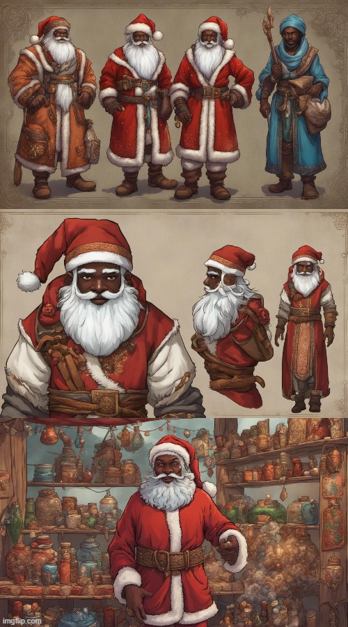 Santa with Viking, Persian, and African influences to his outfit and toyshop. | image tagged in santa claus,viking,persian,african,ai,ai art | made w/ Imgflip meme maker