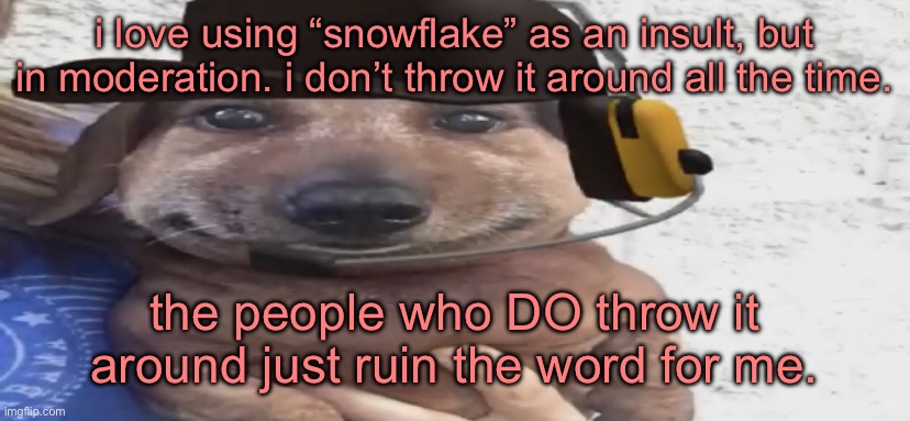 snowflake’s used for people who get mad easily, not just everyone that gets mad. | i love using “snowflake” as an insult, but in moderation. i don’t throw it around all the time. the people who DO throw it around just ruin the word for me. | image tagged in chucklenuts | made w/ Imgflip meme maker