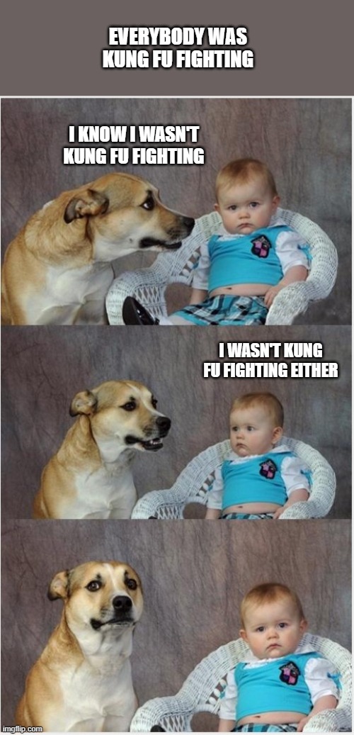 everybody was kung fu fighting | EVERYBODY WAS KUNG FU FIGHTING; I KNOW I WASN'T KUNG FU FIGHTING; I WASN'T KUNG FU FIGHTING EITHER | image tagged in baby dog,kung fu,everybody,and everybody loses their minds | made w/ Imgflip meme maker