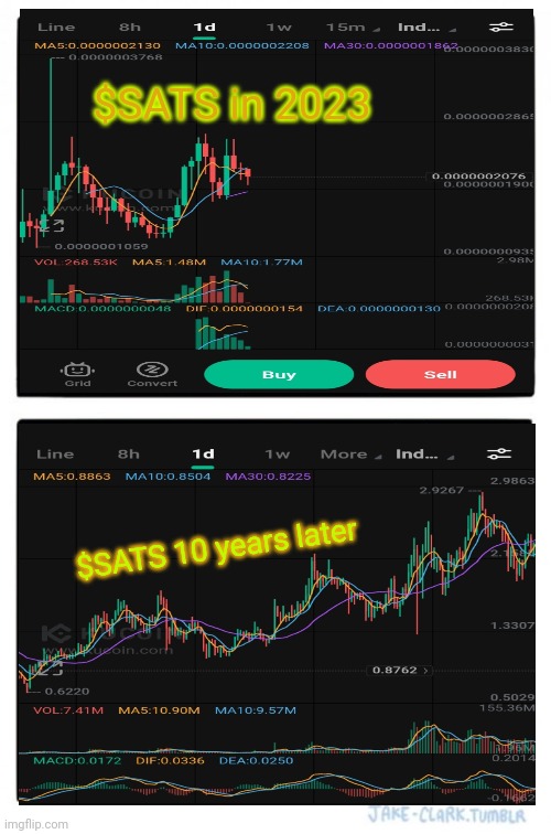 Sats | $SATS in 2023; $SATS 10 years later | image tagged in cryptocurrency | made w/ Imgflip meme maker