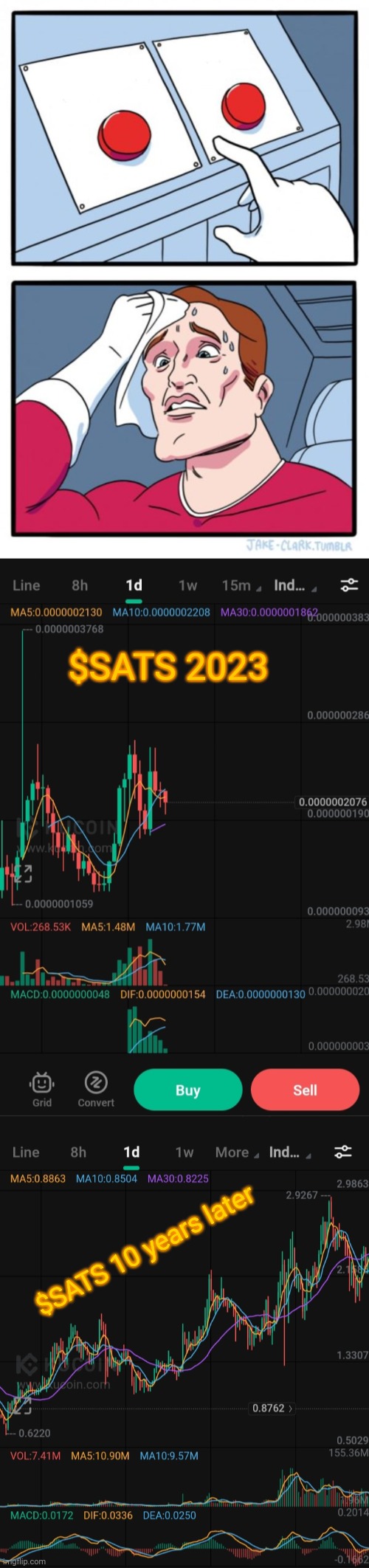 Sqts | $SATS 2023; $SATS 10 years later | image tagged in memes,two buttons | made w/ Imgflip meme maker